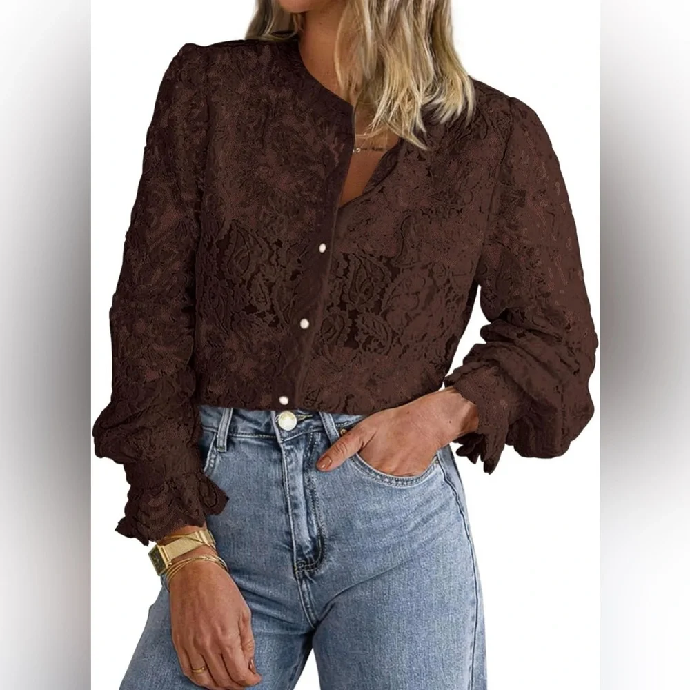 PRETTYGARDEN Dressy Casual Lace Blouse Button Up Shirts Tops Spring Fall Clothes - Picture 3 of 8